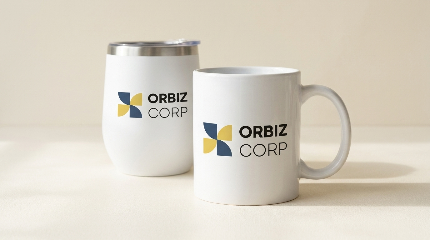 Orbiz Corp logo applied to a ceramic mug and tumbler using sublimation printing